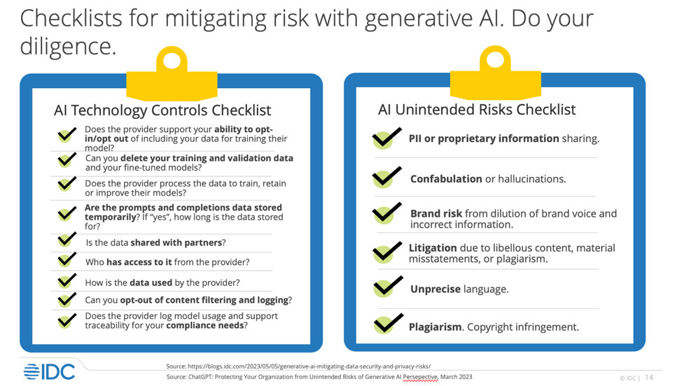 IDC: AI technology controls checklist and AI unintended risks checklist