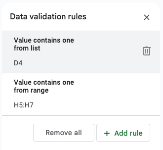 Reglas de validación de datos de Google Sheets para el menú desplegable