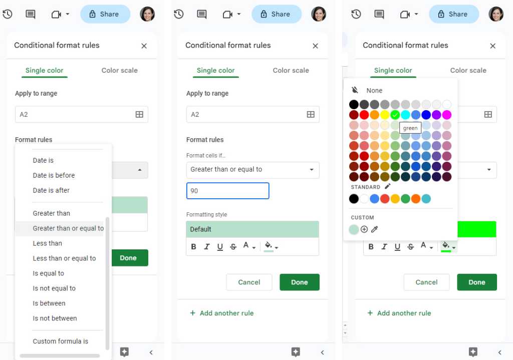 Reglas de configuración de Hojas de cálculo de Google en el panel de reglas de formato condicional