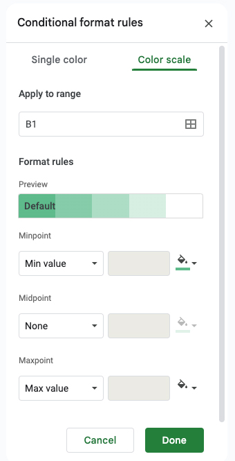 Colores predeterminados del formato condicional de Google Sheets