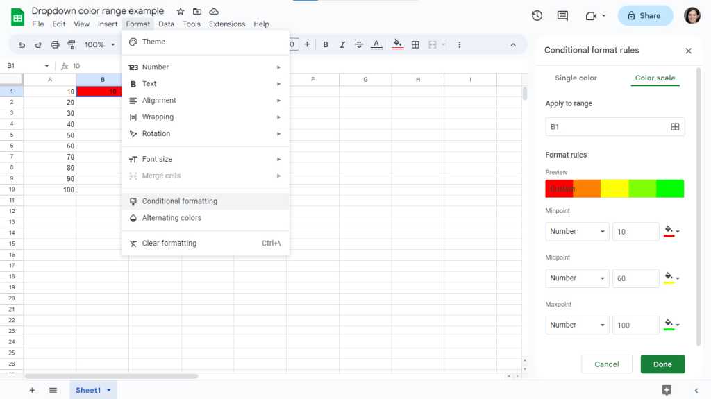 Google Sheets conditional format set color range