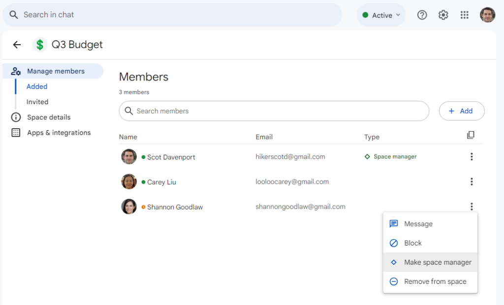google spaces - manage members