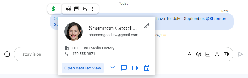 google spaces - contact card popping up from message