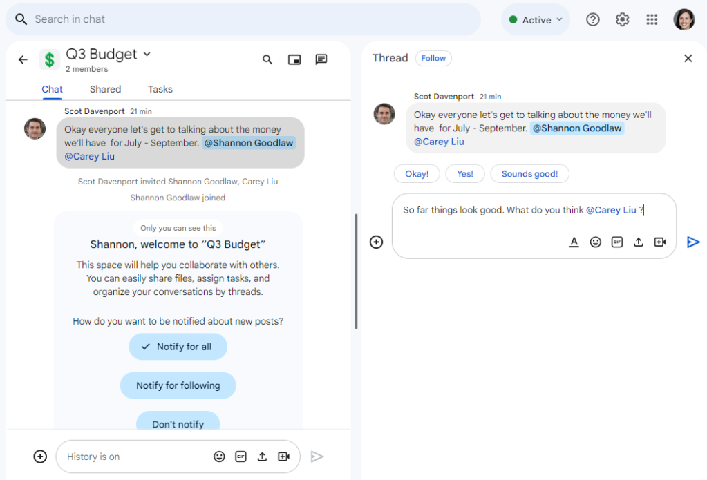 google spaces - replying in a thread