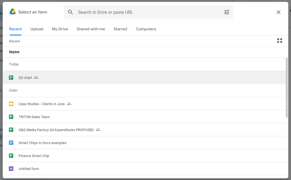 google spaces - select an item to share panel