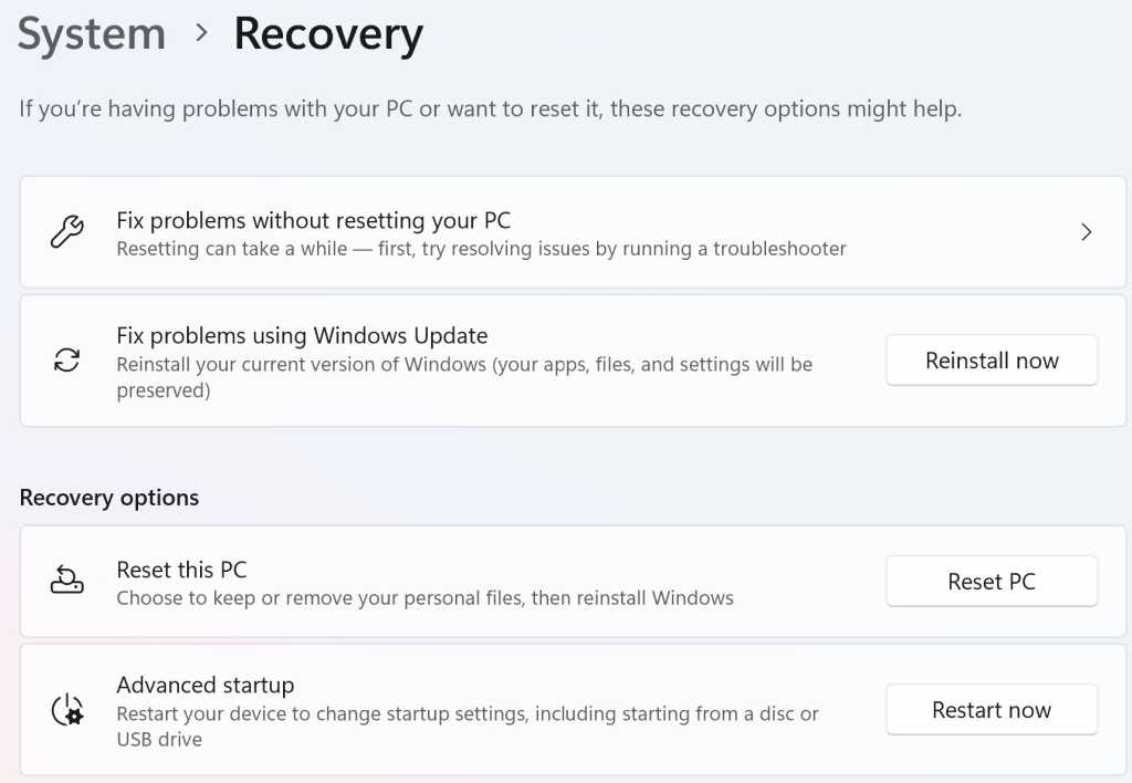 windows 11 system recovery pane in settings