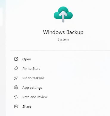 selecting windows backup