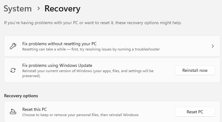 windows 11 settings system recovery screen