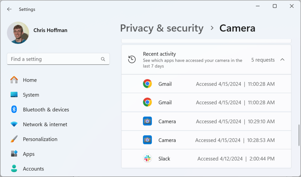 Windows 11 webcam recently accessed