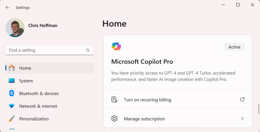 Windows Settings app - Copilot Pro