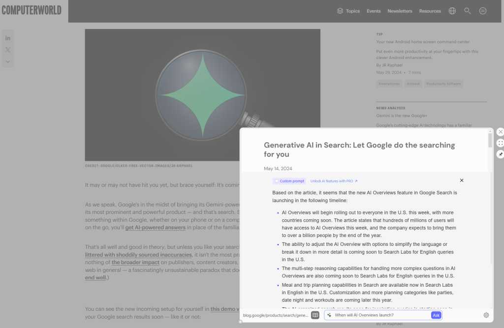 Google Chrome link preview: AI assistant