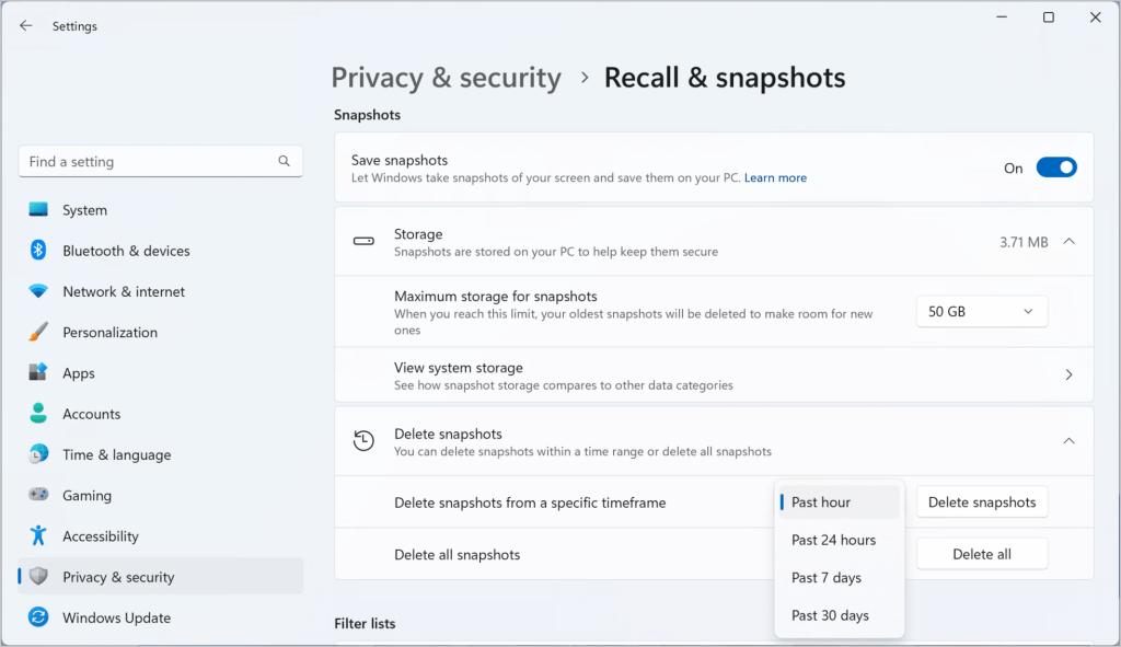 Microsoft Windows Recall privacy: Delete Recall snapshots