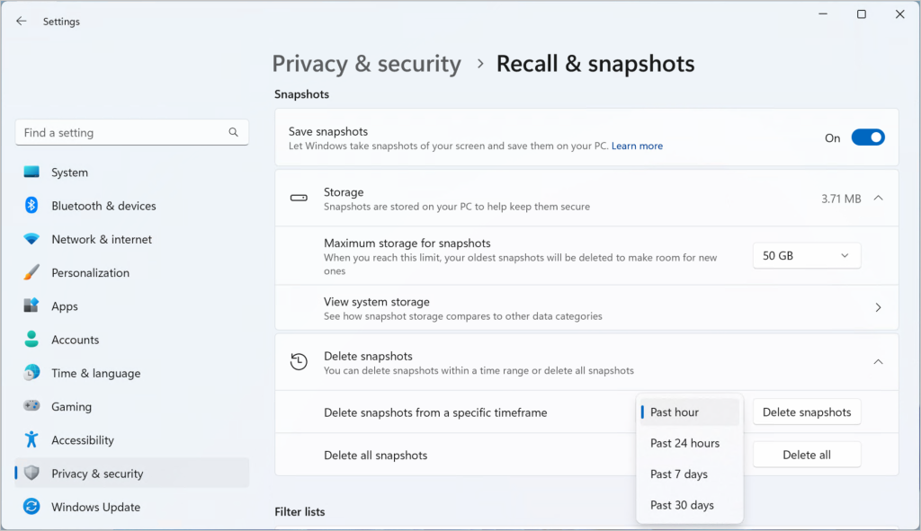 Microsoft Windows Recall privacy: Delete Recall snapshots