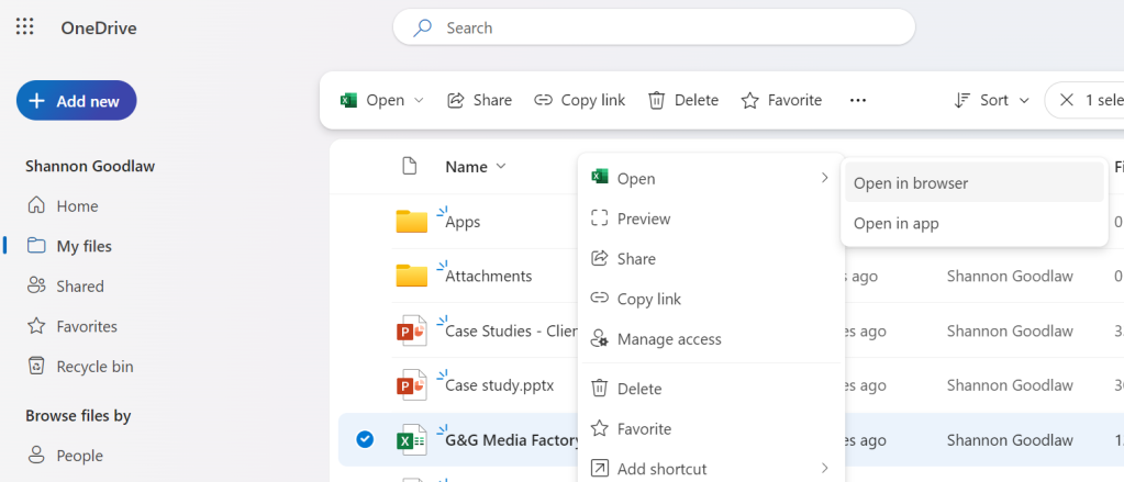 onedrive for web open excel file