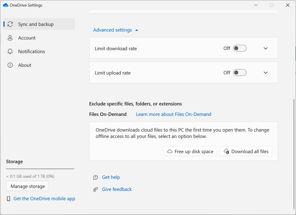 onedrive settings - files on demand - free up disk space