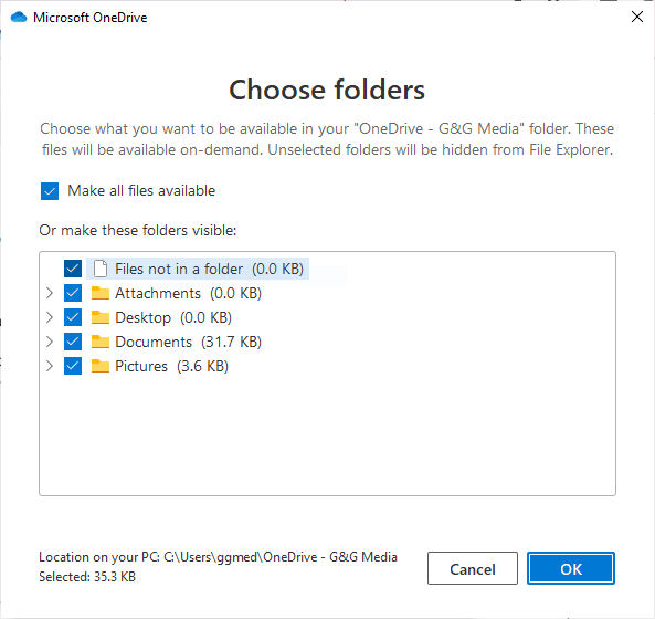 onedrive choose folders screen