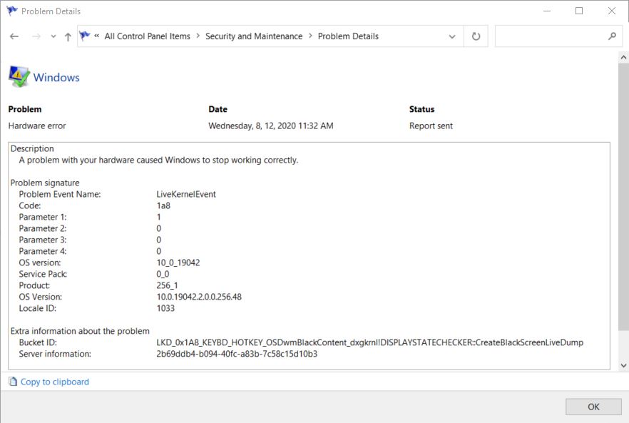 reliability monitor showing black screen event