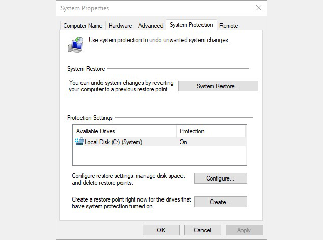 System Properties window with System Restore button