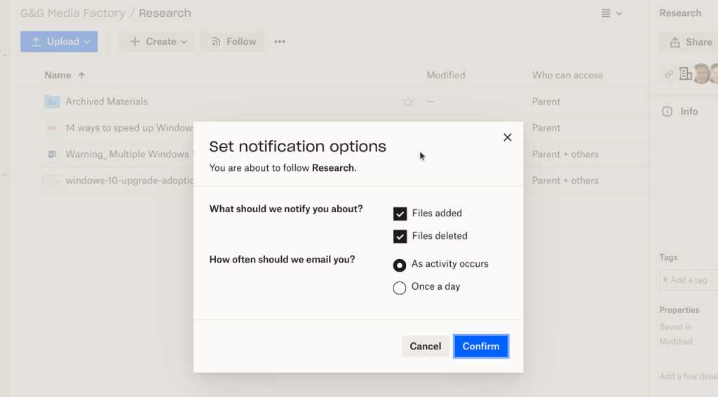 set notification options pane