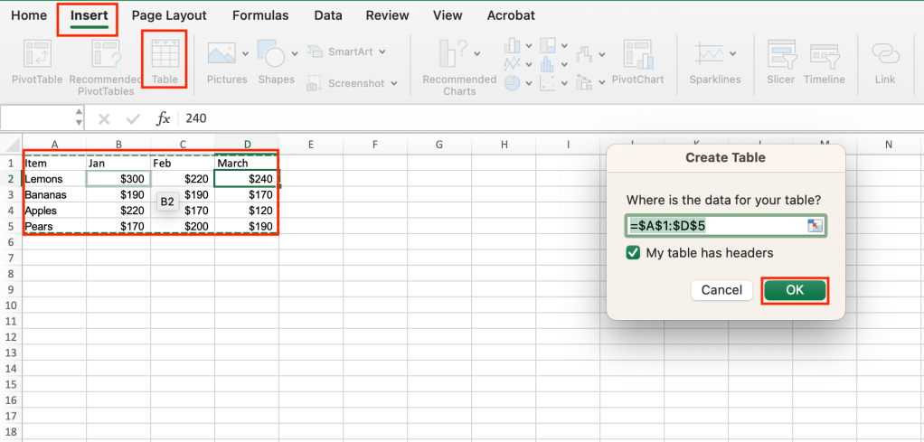 creating a table in excel