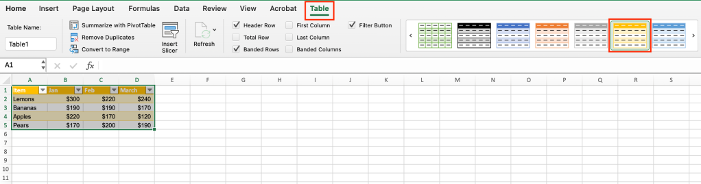 formatting a table in excel