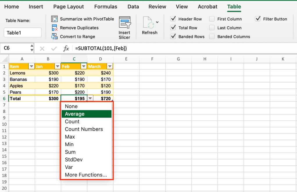 total row dropdown options
