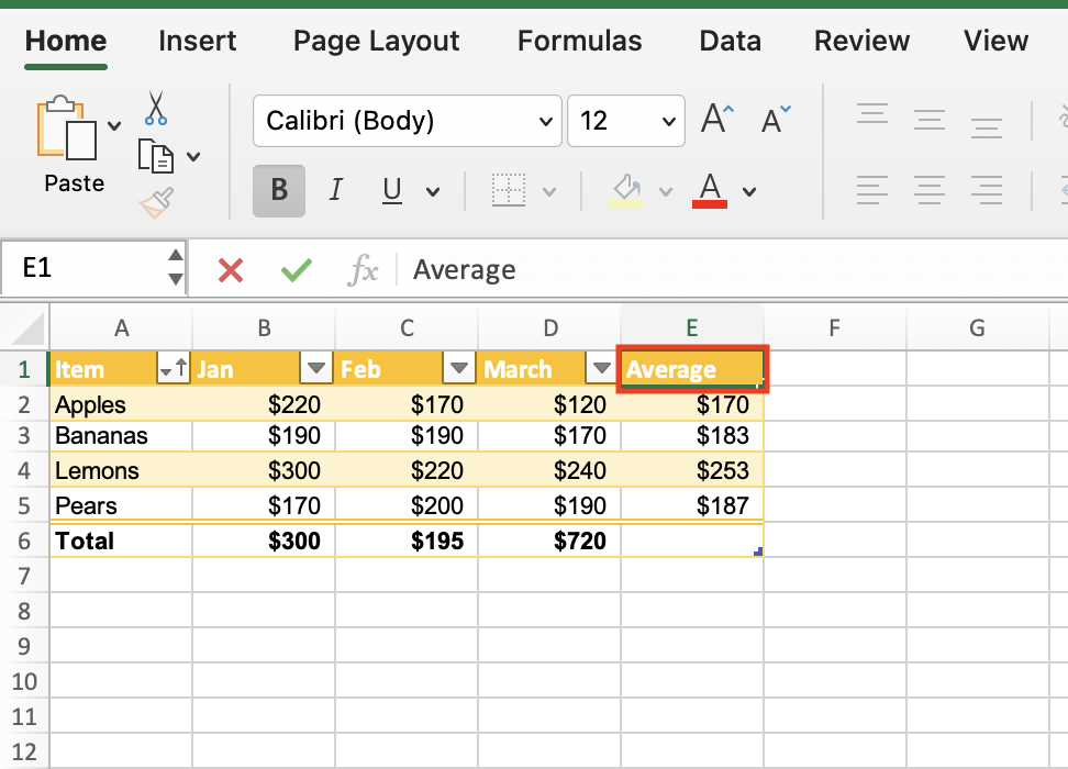 table with calculated column header changed to average