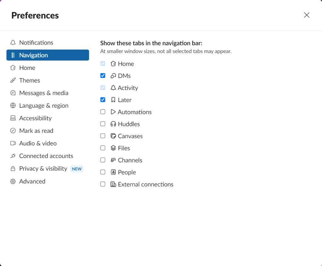 navigation preferences in slack