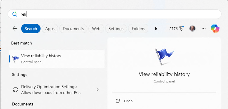 launching windows reliability monitor via the start menu