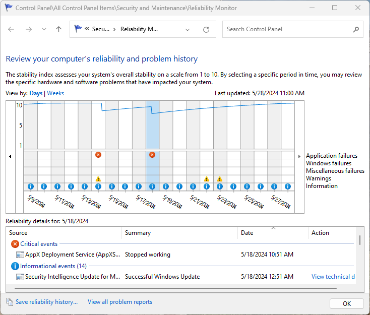 main reliability monitor window showing healthy pc