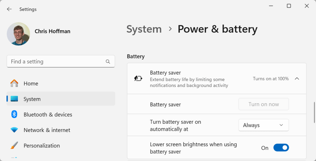 Windows laptop battery life: Battery saver (auto)