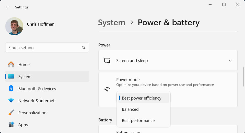 Windows laptop battery life: Power mode