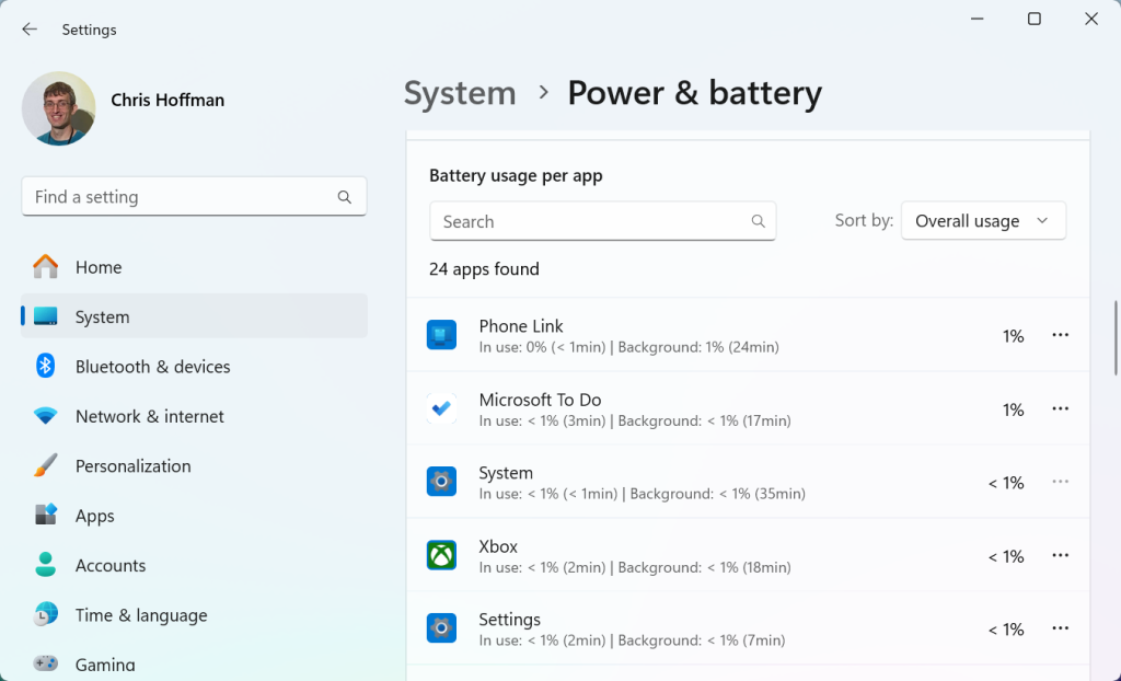 Windows laptop battery life: Battery usage per app