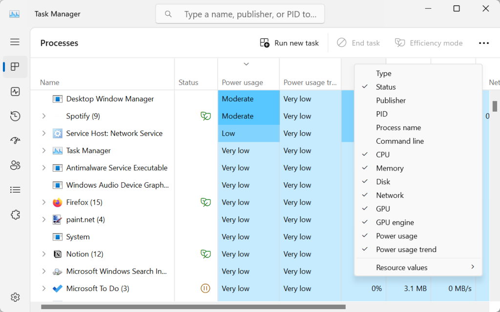 Windows laptop battery life: Task Manager power usage