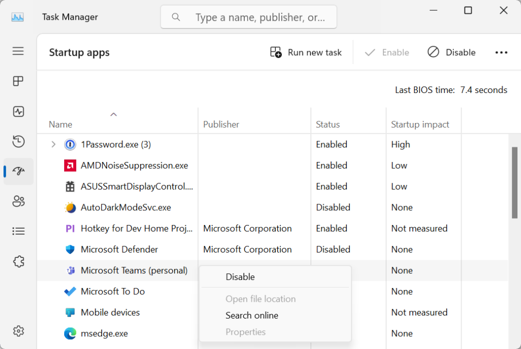 Windows laptop battery life: Task Manager startup apps