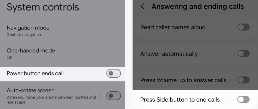 Pixel and Samsung controls to end calls with a button on Android