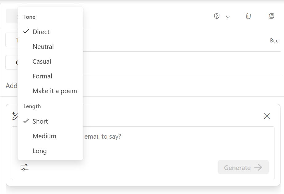 copilot tone and length options for composing email