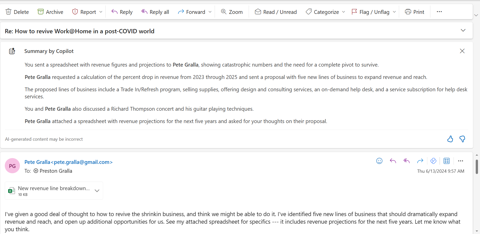 copilot summarizing an email thread
