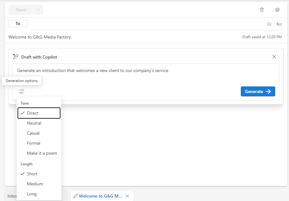 outlook draft with copilot panel options