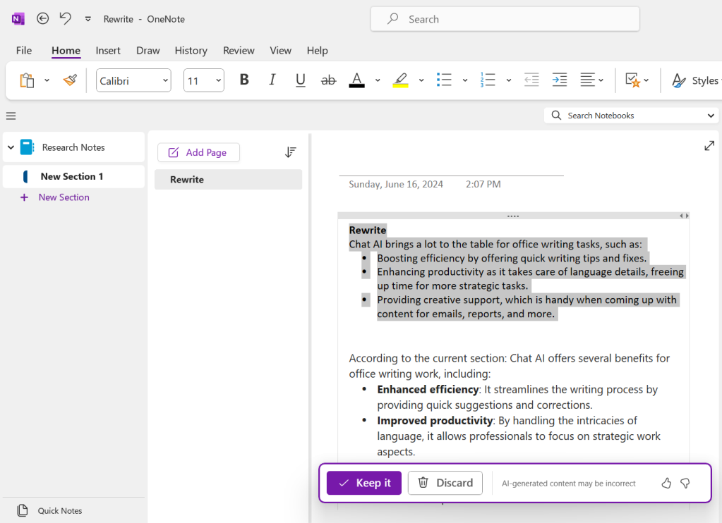 OneNote con texto reescrito por Copilot