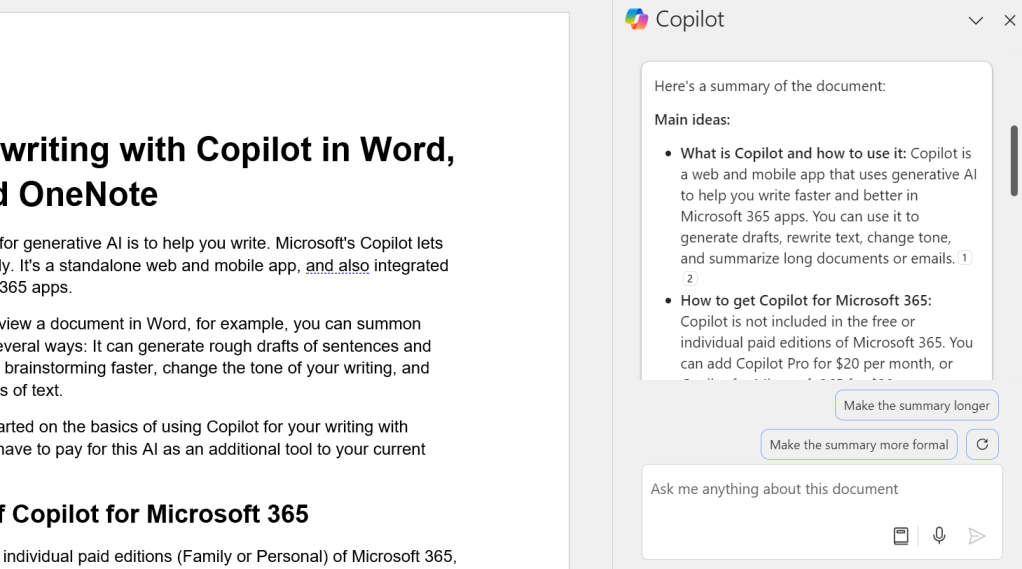 Word Copilot sidebar with document summary