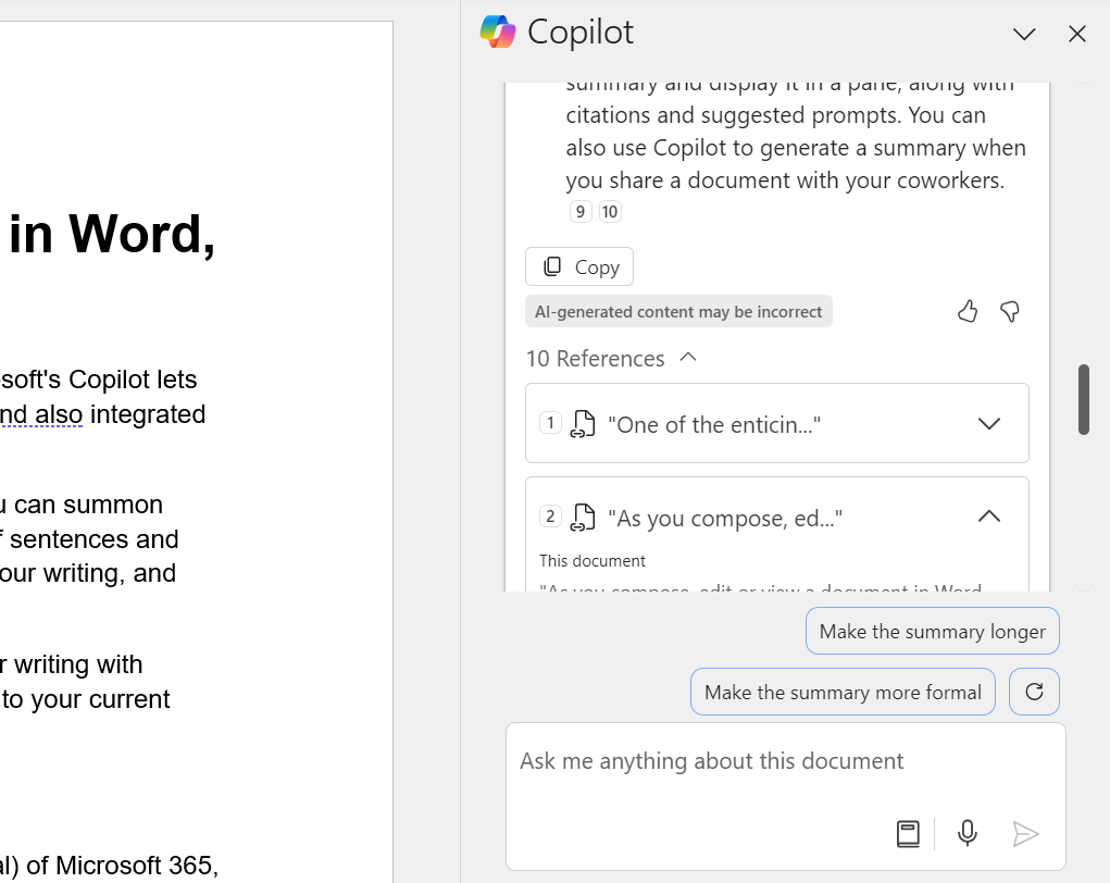 Word Copilot sidebar with references for the summary