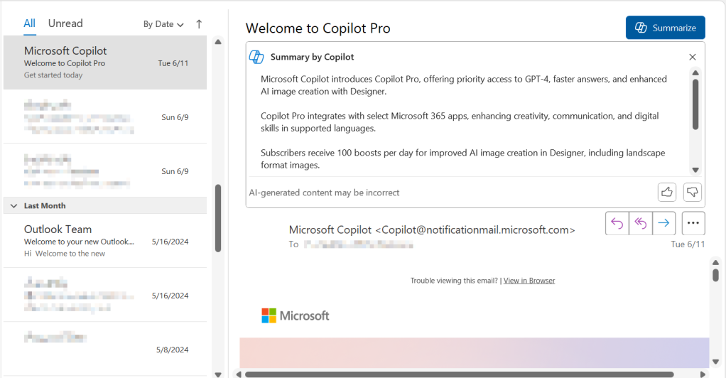 Resumen de correo electrónico de Outlook Copilot