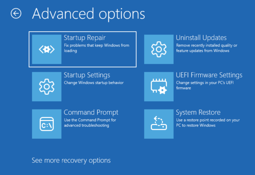 winre advanced options menu including startup repair startup settings command prompt uninstall updates uefi firmware settings and system restore