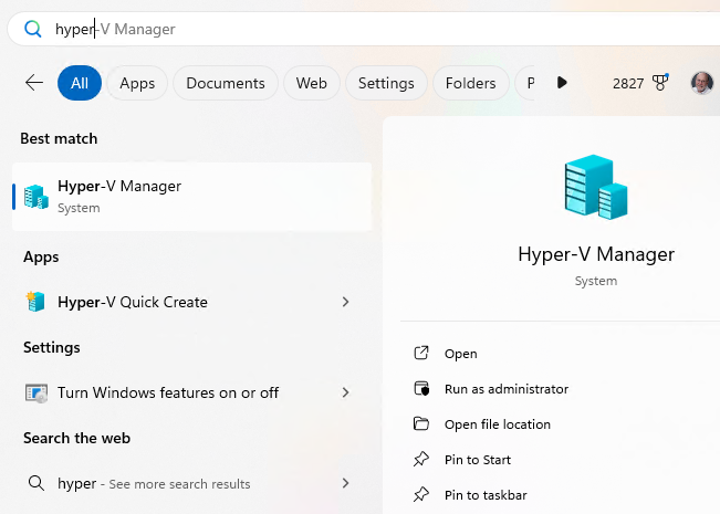 hyper-v manager in windows 11 start menu