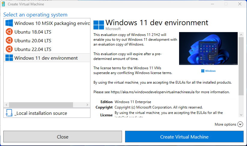 viewing info for the windows 11 dev environment in hyper-v manager