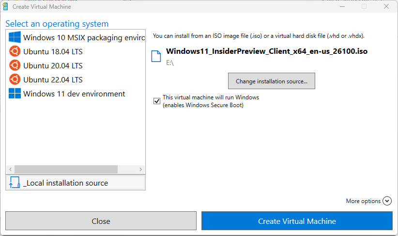 viewing local installation source in hyper-v manager