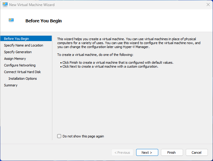 hyper-v new vm wizard before you begin screen