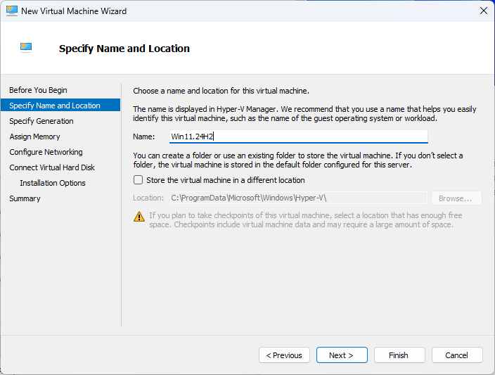 hyper-v manager new vm wizard specify name and location screen