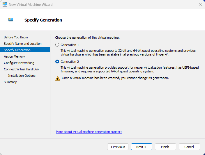 hyper-v manager new vm wizard specify generation screen